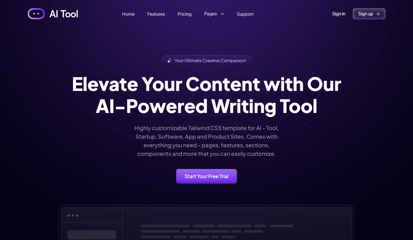 AI SaaS tool template website preview
